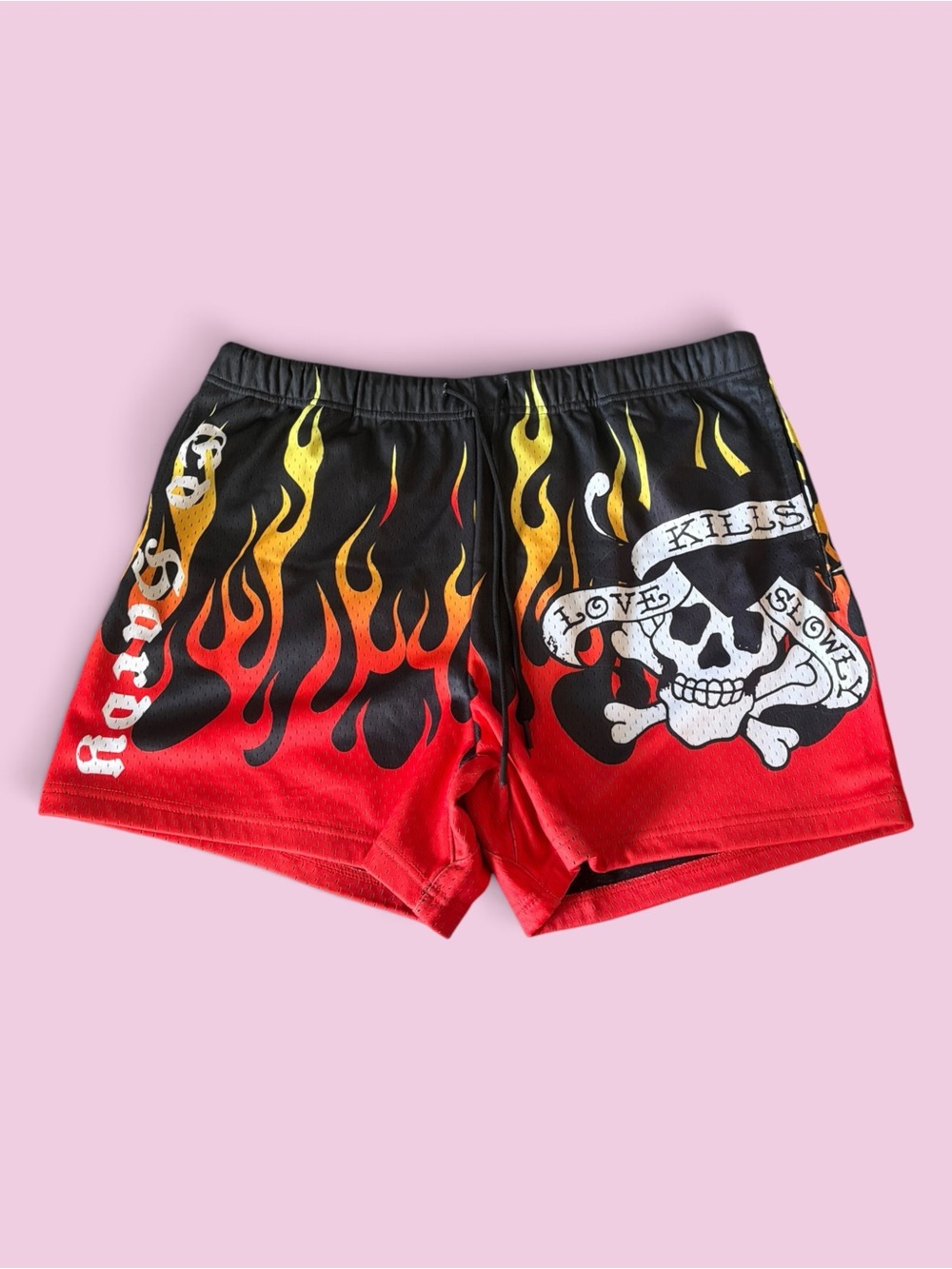 Ed Hardy Red, Black & Yellow Flame Skull Athletic Shorts